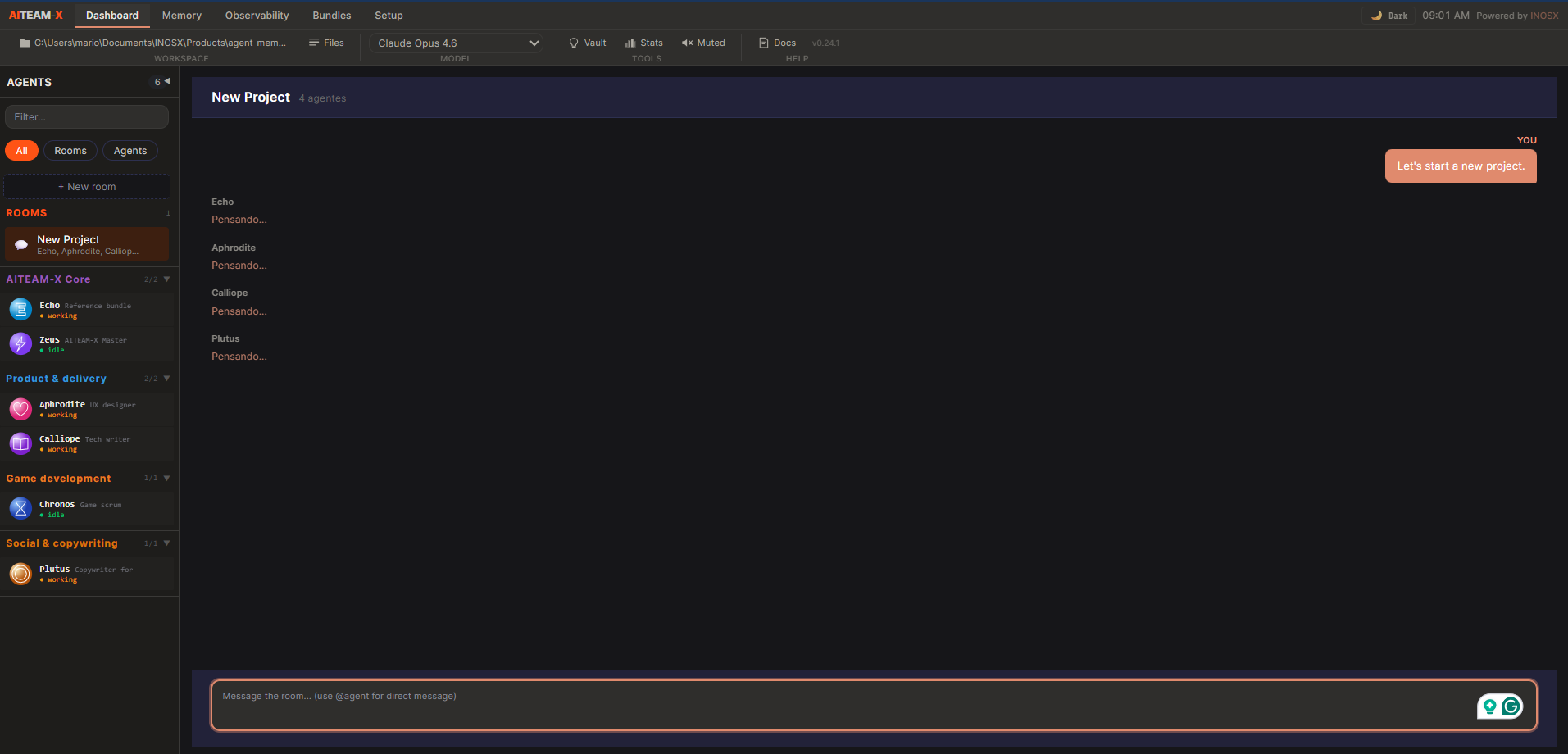 AITEAM-X dashboard with multi-room sidebar, agent chat, and integrated tools